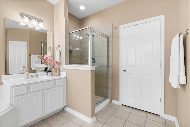 11926 Brightwood Dr, Montgomery, TX 77356 - bathroom with tile patterned floors, a stall shower, baseboards, and vanity