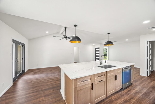 kitchen featuring light brown cabinetry, dark wood-style floors, light stone counters, and a sink