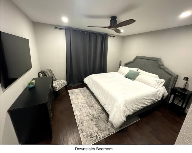 bedroom featuring recessed lighting, wood finished floors, and a ceiling fan