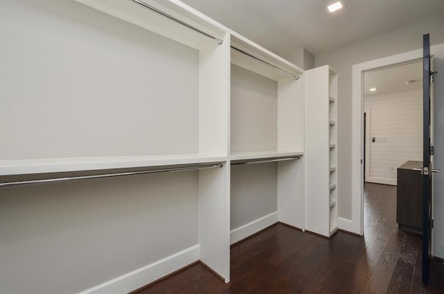 walk in closet featuring dark wood-style floors