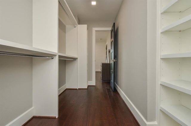 spacious closet with dark wood finished floors