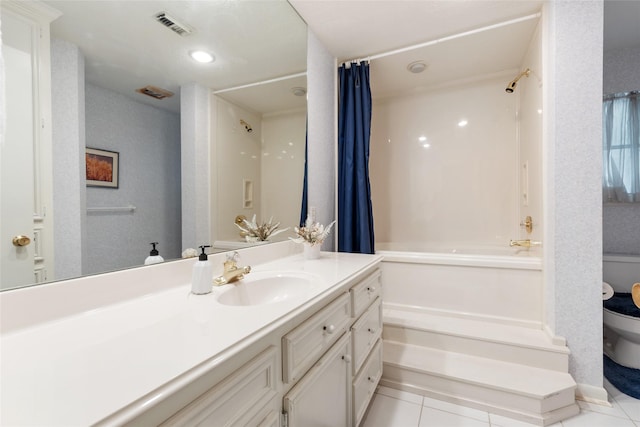 full bathroom featuring vanity, shower / bath combination with curtain, tile patterned flooring, and visible vents