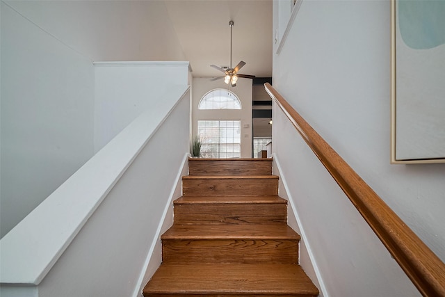 1904 Portsmouth St, Houston, TX 77098 - stairs featuring ceiling fan, a high ceiling, and wood finished floors