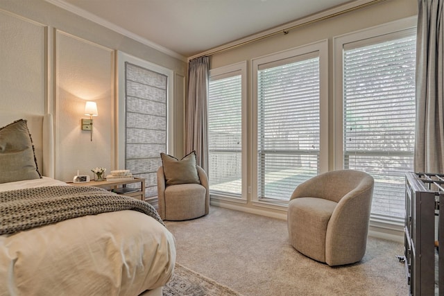 carpeted bedroom with crown molding