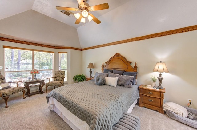 bedroom with visible vents, light colored carpet, vaulted ceiling, and a ceiling fan