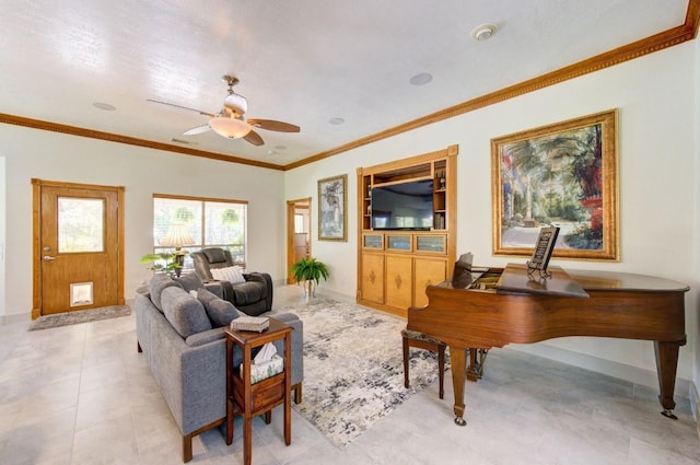 24501 Sable Creek Ct, Porter, TX 77365 - living area featuring ceiling fan, baseboards, crown molding, and light tile patterned floors