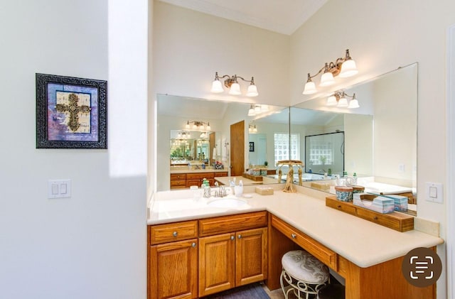 24501 Sable Creek Ct, Porter, TX 77365 - full bathroom with a stall shower, vanity, and ornamental molding