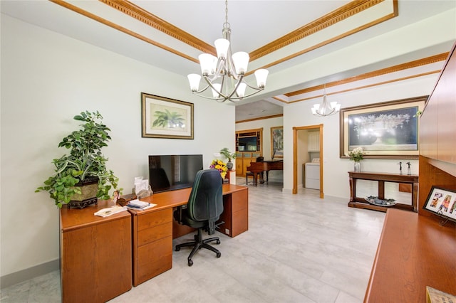 24501 Sable Creek Ct, Porter, TX 77365 - home office featuring a chandelier, ornamental molding, washer / dryer, and a tray ceiling