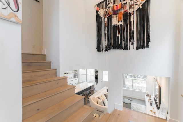 258 Sentry Maple Pl, The Woodlands, TX 77382 - staircase with wood finished floors