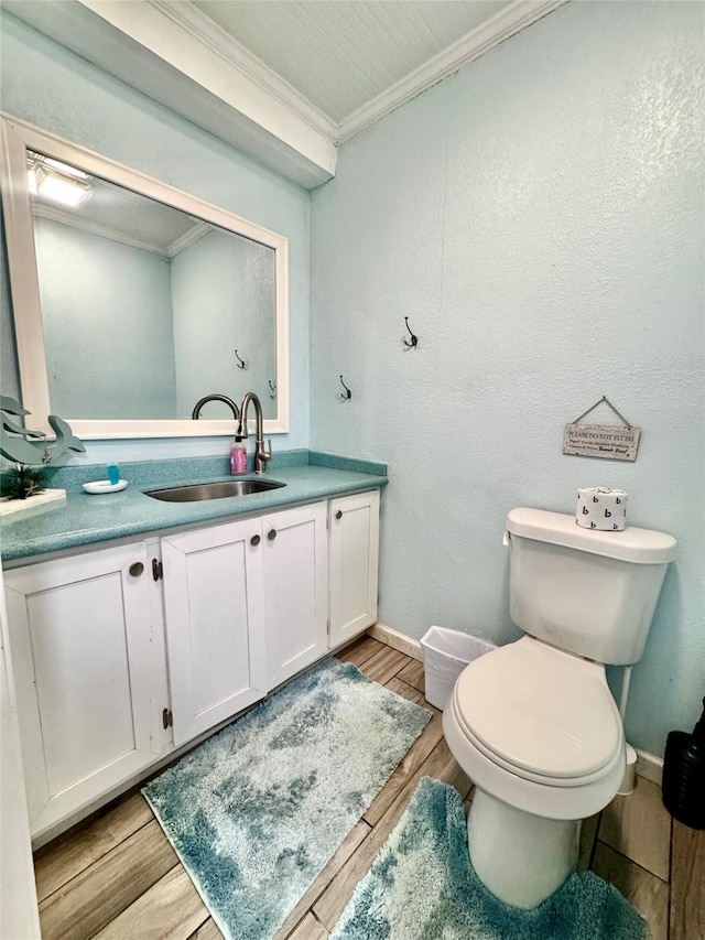 101 Saltgrass Ave, Surfside Beach, TX 77541 - bathroom with vanity, baseboards, ornamental molding, toilet, and wood finished floors