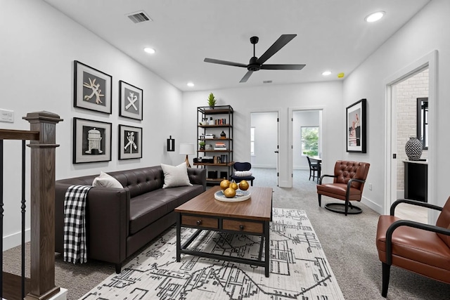 2015 Brackenridge St Unit A, Houston, TX 77026 - living area with a ceiling fan, light colored carpet, recessed lighting, and baseboards