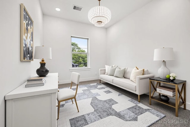 2015 Brackenridge St Unit A, Houston, TX 77026 - office area featuring baseboards, light carpet, a chandelier, and recessed lighting