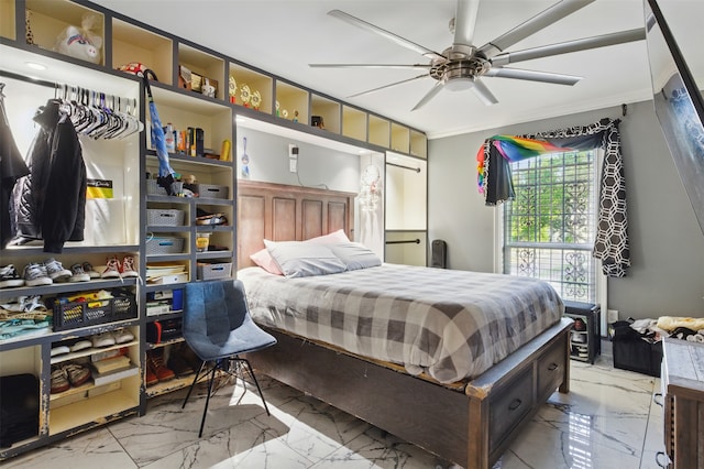 6022 Downwood Forest Dr, Houston, TX 77088 - bedroom featuring crown molding, marble finish floor, and a ceiling fan