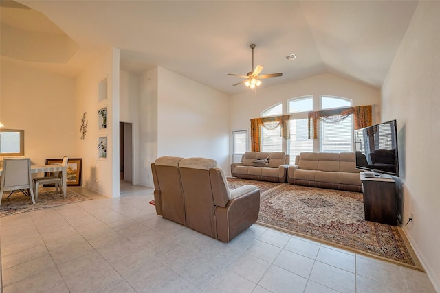 5819 Southern Rose Ln, Rosenberg, TX 77469 - living area featuring high vaulted ceiling, light tile patterned floors, visible vents, and ceiling fan