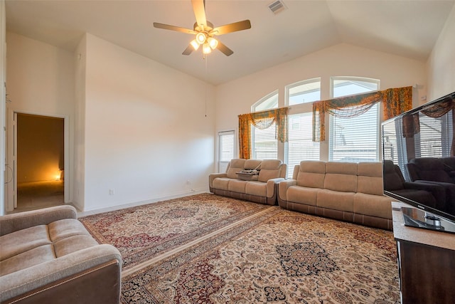 5819 Southern Rose Ln, Rosenberg, TX 77469 - living room with high vaulted ceiling, visible vents, baseboards, and a ceiling fan