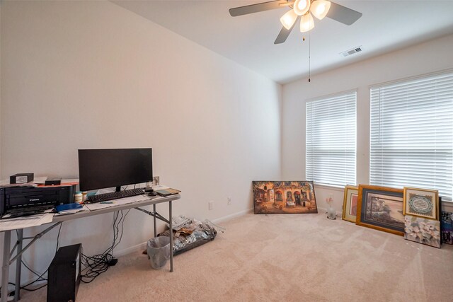 5819 Southern Rose Ln, Rosenberg, TX 77469 - home office featuring visible vents, ceiling fan, carpet floors, and baseboards