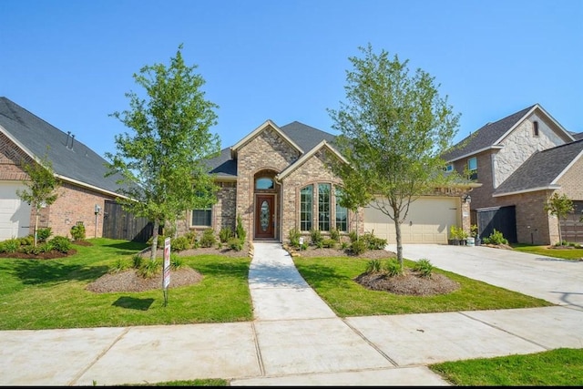view of front of house with concrete driveway, an attached garage, a front lawn, brick siding, and fence