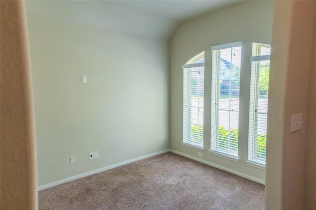 carpeted spare room featuring baseboards, lofted ceiling, and a healthy amount of sunlight