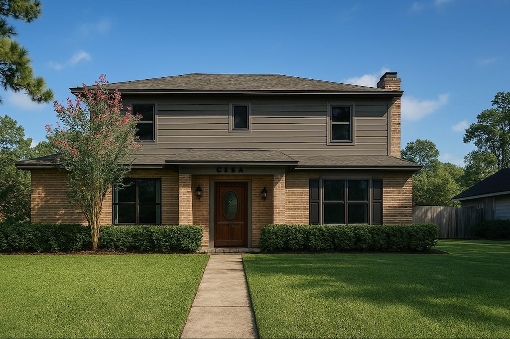 traditional-style house featuring a front lawn, fence, roof with shingles, a chimney, and brick siding