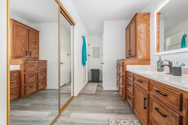 39 Alexander Ct, Angleton, TX 77515 - bathroom with vanity, wood finished floors, and electric panel