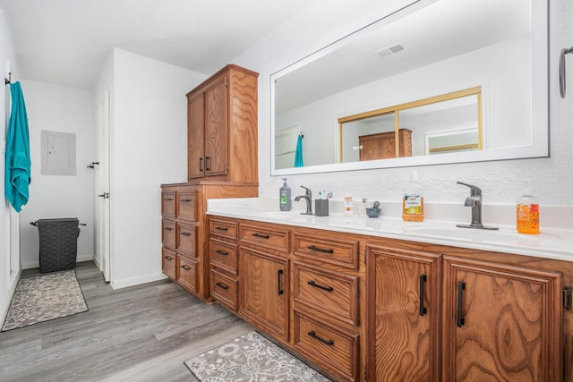 39 Alexander Ct, Angleton, TX 77515 - bathroom with double vanity, wood finished floors, and electric panel