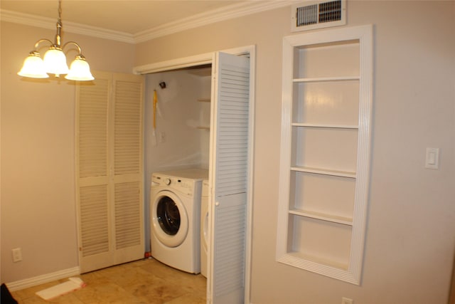 2300 Augusta Dr Unit 36, Houston, TX 77057 - laundry area with laundry area, ornamental molding, visible vents, a chandelier, and washer / dryer