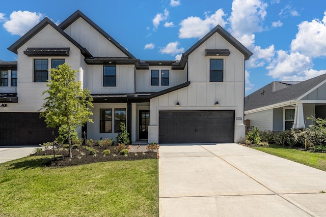 16958 Chapel Knox Dr, Humble, TX 77346 - modern farmhouse style home featuring concrete driveway, board and batten siding, a front lawn, brick siding, and a garage
