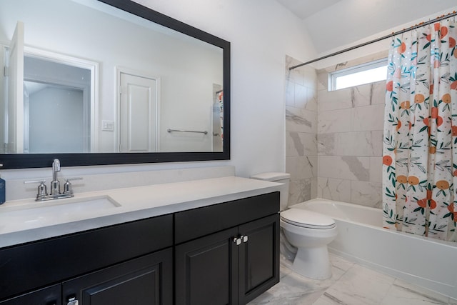 16958 Chapel Knox Dr, Humble, TX 77346 - full bathroom featuring toilet, shower / bath combo, marble finish floor, and vanity