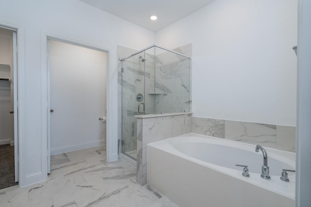 16958 Chapel Knox Dr, Humble, TX 77346 - bathroom featuring baseboards, recessed lighting, a shower stall, marble finish floor, and a garden tub