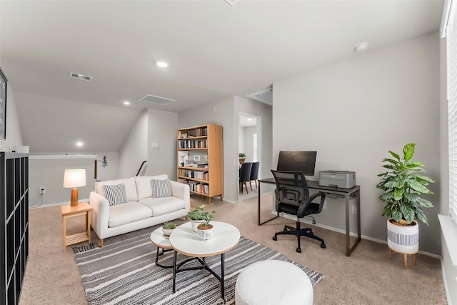 15038 Eastern Wood Rd, Magnolia, TX 77354 - home office featuring baseboards, light colored carpet, recessed lighting, and visible vents
