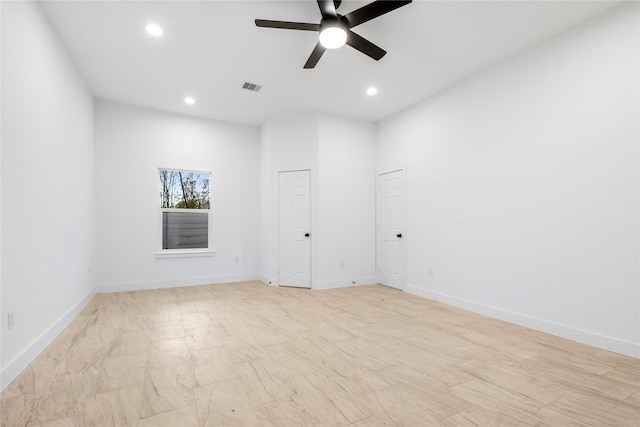 empty room featuring recessed lighting, visible vents, baseboards, and a ceiling fan