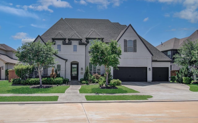 french country style house featuring roof with shingles, driveway, stucco siding, and a front lawn