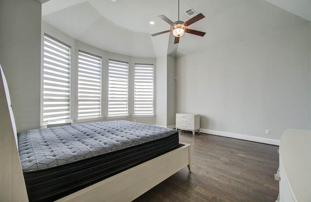 bedroom featuring baseboards, recessed lighting, a ceiling fan, visible vents, and wood finished floors