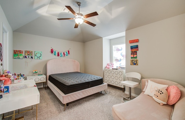 carpeted bedroom with ceiling fan and lofted ceiling