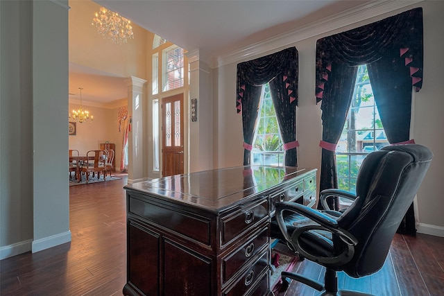 office with a chandelier, dark wood-style floors, and crown molding