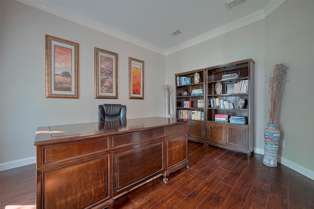 office area featuring ornamental molding, baseboards, dark wood-style floors, and visible vents