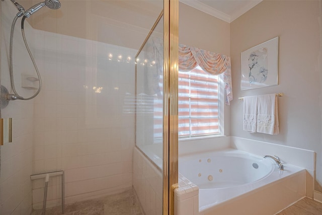 bathroom with ornamental molding, a stall shower, and a tub with jets