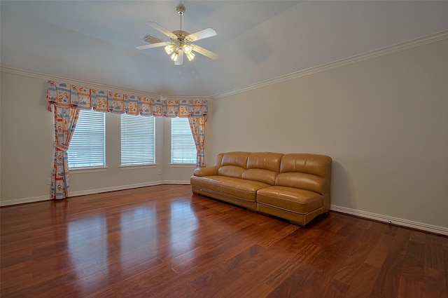living area with wood finished floors, ceiling fan, and baseboards