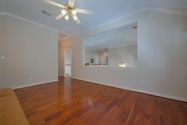 unfurnished living room with wood finished floors, ceiling fan, baseboards, and visible vents