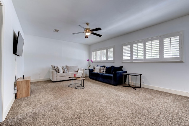 4103 Donna Lynn Dr, Houston, TX 77092 - carpeted living room featuring visible vents, ceiling fan, and baseboards