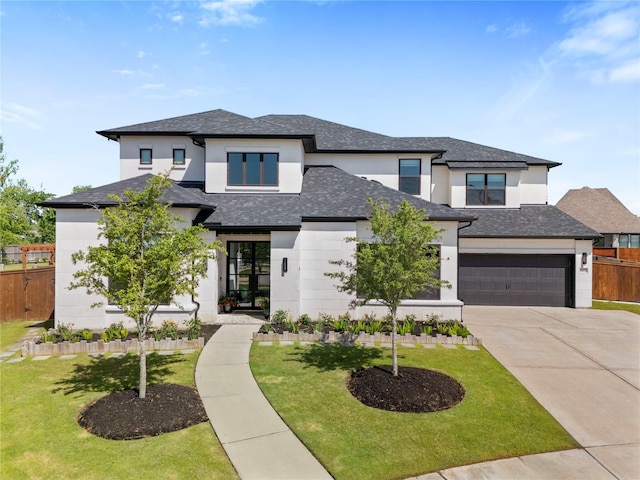 prairie-style home featuring driveway, stucco siding, fence, and a garage