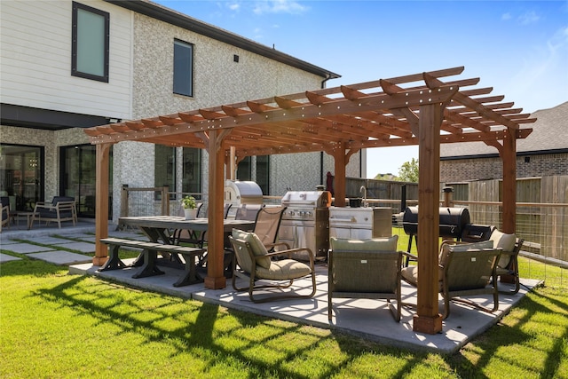 view of patio / terrace with a grill, fence, area for grilling, and a pergola