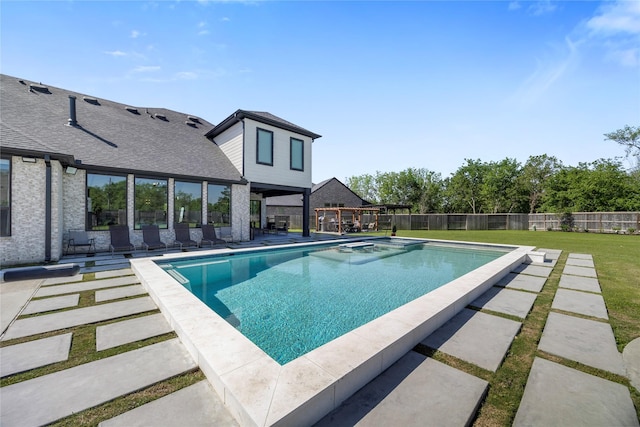 view of pool with a patio, a yard, a fenced in pool, and fence