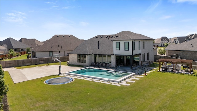view of swimming pool featuring a pergola, a lawn, a fenced backyard, a patio, and a residential view