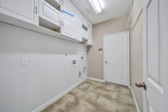 laundry area featuring hookup for an electric dryer, hookup for a gas dryer, washer hookup, visible vents, and cabinet space