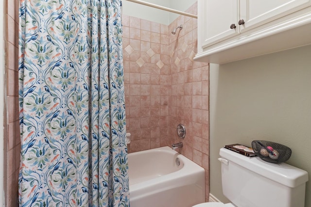 full bathroom featuring shower / bathtub combination with curtain and toilet