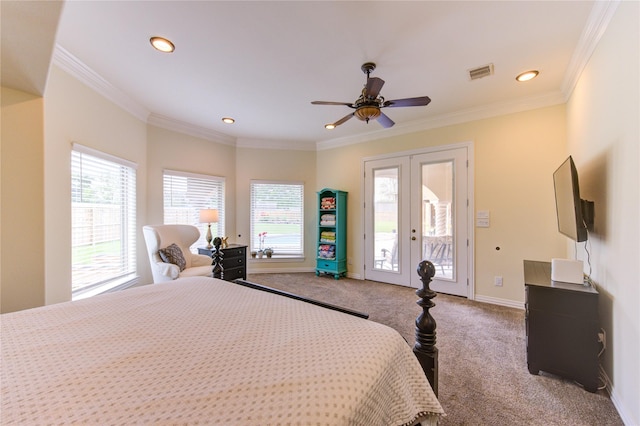 carpeted bedroom with visible vents, baseboards, ornamental molding, recessed lighting, and access to outside
