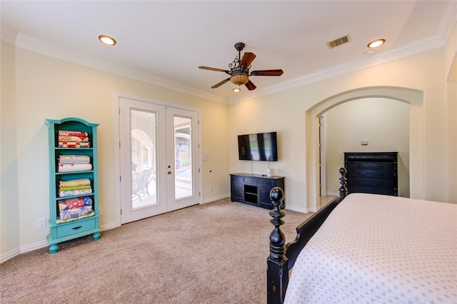 carpeted bedroom featuring visible vents, ornamental molding, recessed lighting, french doors, and access to outside