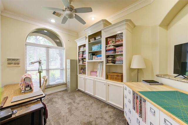 rec room with visible vents, ceiling fan, crown molding, recessed lighting, and light colored carpet