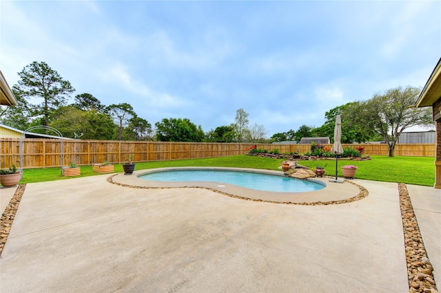 view of pool featuring a patio, a fenced backyard, and a lawn